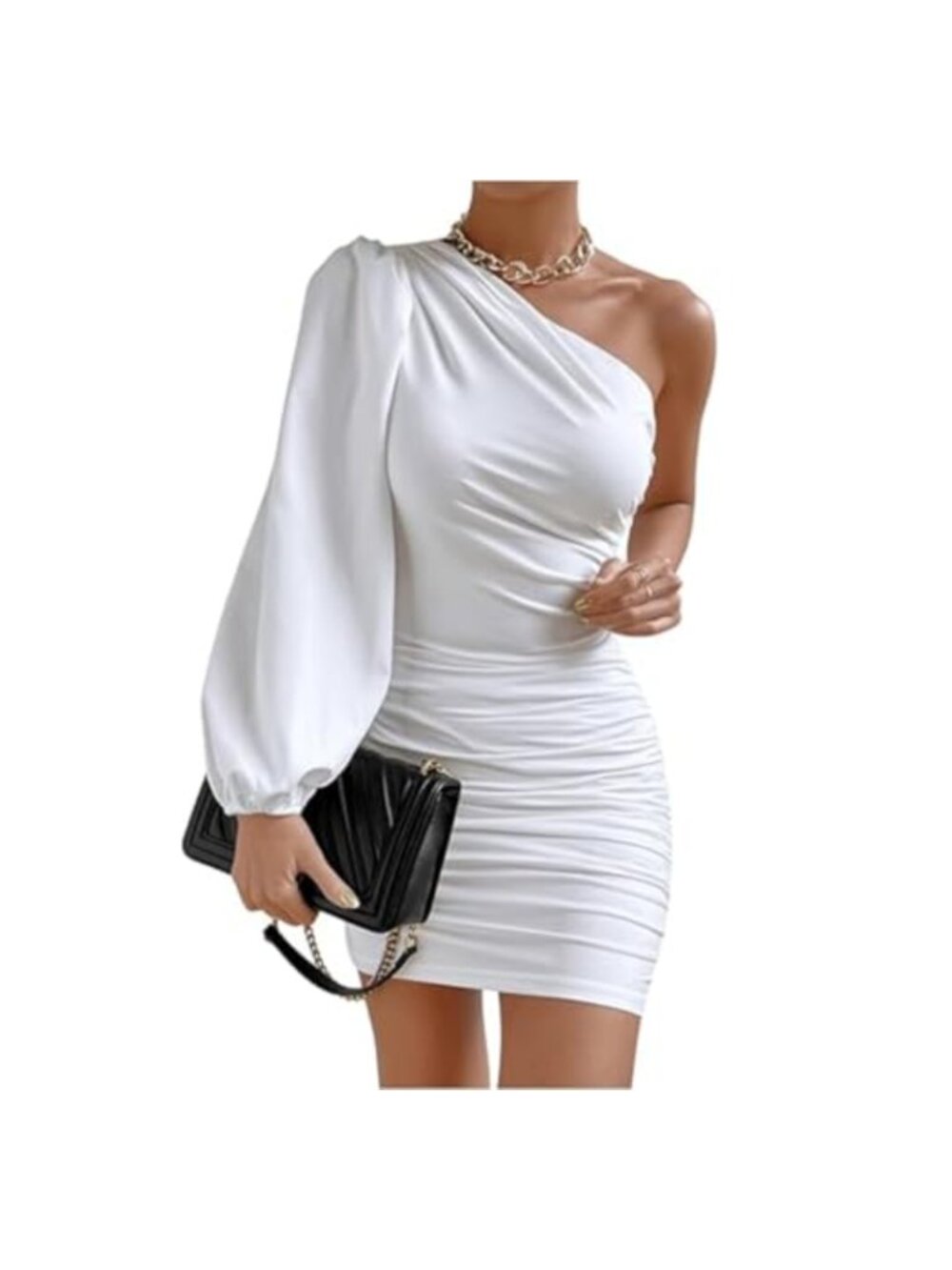 Off Shoulder Puff Long Sleeve Ruched Mini Bodycon Cocktail Party Dress